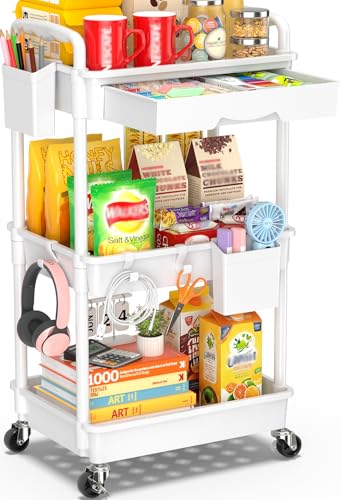 Smart Home SUNALLY 3 Tier Rolling Cart with Drawer, Bathroom Storage Organizer for Daily Use