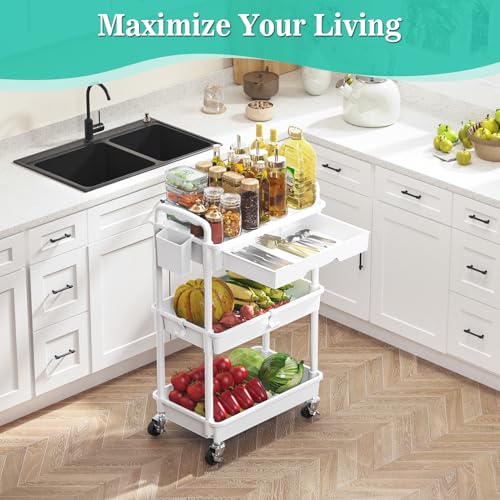 Smart Home SUNALLY 3 Tier Rolling Cart with Drawer, Bathroom Storage Organizer for Daily Use